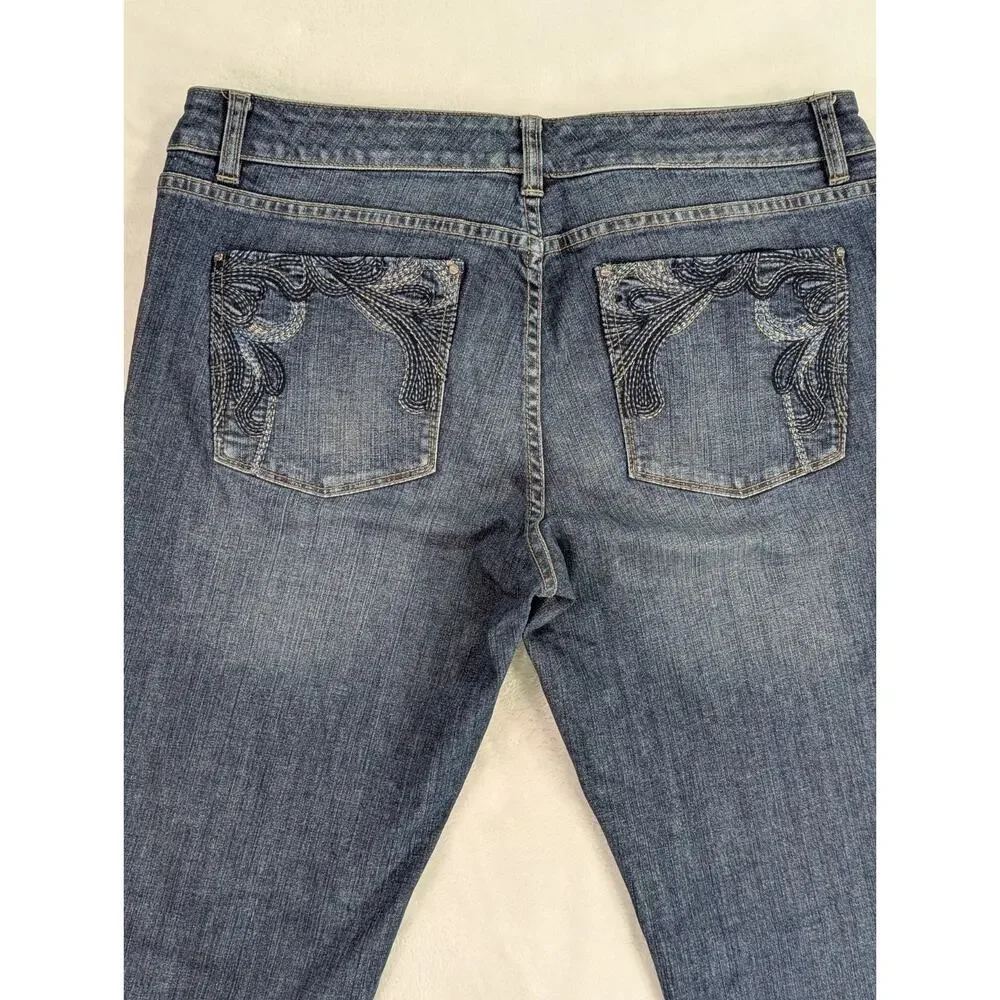 White House Black Market Blanc Bootcut Jeans 12R Blue Embroidered Pockets WHBM